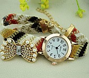 Women Pearl Diamond Butterfly Decoration Colorful Weaved Rope Strap Geneva Bracelet Watch